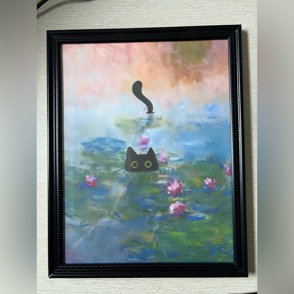 Cat in Waterlilies Monet Framed 8x10” print